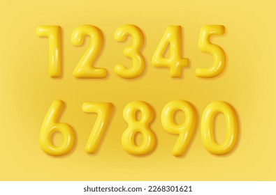 Yellow numbers set 3d realistic. Pastel glossy collection inflated font number 1,2,3,4,5,6,7,8,9,0. Decorative elements for banner, cover, birthday or anniversary party.