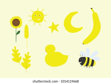 Yellow objects for children. Educational vector design. Baby toddler child preschool school learning illustration. Sun star moon banana bee duck leaves wheat sunflower.