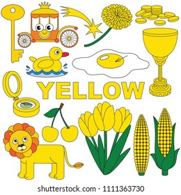 Yellow Objects Color elements set, collection of coloring book template, the group of outline digital elements vector illustration, kid educational game page.