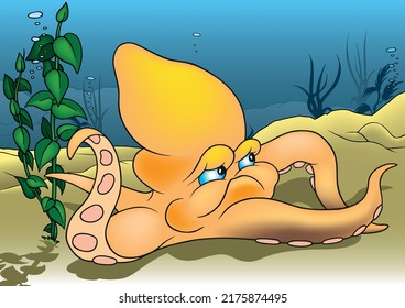 Opulpo amarillo en el océano Apuntando con su Tentacle - Ilustración de dibujos animados de color con fondo, vector