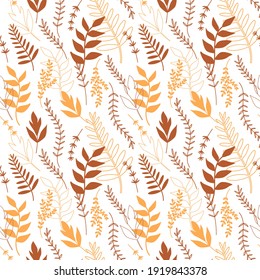 Yellow ocher and brown leaves on a white background. Light autumn vector seamless pattern background. Line style pattern for bedding, paper, cards, invitations.