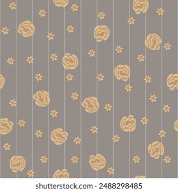 Yellow Ochre Roses and Daisies Scattered over a Pinstriped Charcoal GrayBackground creating a seamless pattern print background