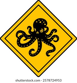 Yellow Octopus Road Sign. Vector Icon. Marine Animal Warning Road Sign. Zoo Sticker