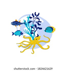 Yellow Octopus with Tentacles Floating Among Sea Weeds Vector Illustration. Sea Animal and Wild Underwater Fauna Concept