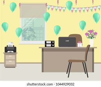 Yellow office, decorated for the employee's birthday. There is a desk, a chair, a printer in the image. Also there are green balloons, flags "Happy Birthday" and a vase with flowers here. Vector