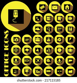 yellow office icons on black color square and yellow circle