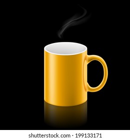 Yellow office mug with a small stream of smoke above it on black background.