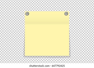 Yellow office paper sticker on metal pin isolated. Vector illustration