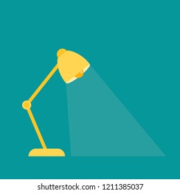 Yellow office reading lamp, table lamp with rays on blue background. Imagination icon.  New business idea. Flat vector illustration. Invention logo. Wallpaper for placard, poster or presentation.