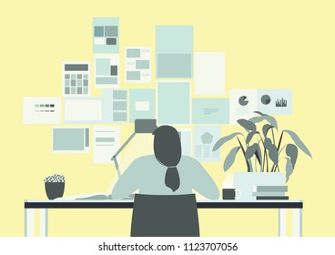 Yellow Office Room with Long Hair Woman Working Illustration