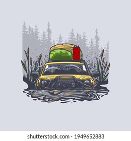 Yellow off-road car got stuck in a swamp with luggage on the roof.