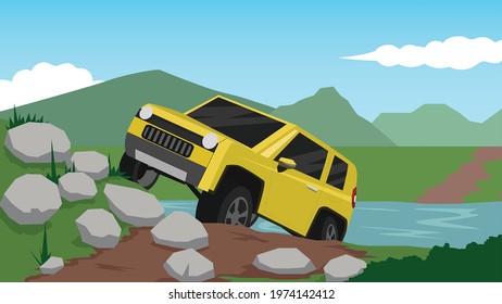 Yellow off-road car on soil road with rocks. Drive through rivers and grasslands with mountains in the background during the day.