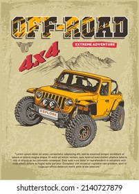 Yellow Off-road jeep on mountain terrain extreme adventure, hand-drawn vector illustration
