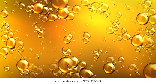 Yellow oil with air bubbles. Vector realistic underwater background of liquid argan, jojoba, castor or fish oil with glossy drops. Golden pattern of flowing bubbles in orange honey