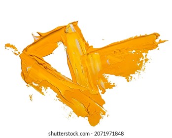 Yellow oil brush stroke with triangle and arrow. Abstract varnish splash trace shape. Glossy oil paint smear long line on white background. EPS10 vector illustration.