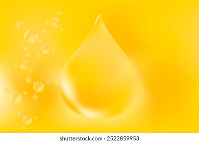 Yellow oil drop or collagen droplet molecule formula, with gold liquid particles, bubbles pattern. Hyaluronic acid serum chemical formula background with copy space. Beauty treatment nutrition.