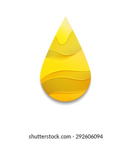 Yellow Oil Drop with Waves. Golden Logo Symbol. Vector Honey Icon. Colorful Decorative Petrol Illustration.