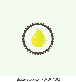 Yellow oil industry drop symbol with gears cogs, friction. Vector