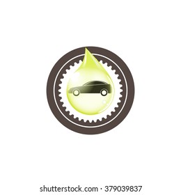 Yellow oil industry drop symbol with gears cogs, friction. Vector