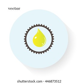 Yellow oil industry drop symbol with gears cogs, friction. Vector