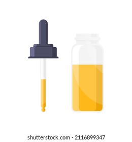Yellow oil serum beauty product glass transparent bottle and pipette dispenser vector flat illustration. Moisturizing liquid collagen aromatherapy cosmetic skincare anti age fluid face body hair care