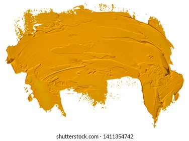 Yellow oil texture paint stain brush stroke, hand painted, isolated on white background. EPS10 vector illustration.