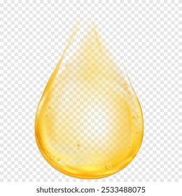 Yellow Oil texture,Drop Gold honey.Serum vitamin Droplet Gel with Air Bubbles,Isolated Yellow Clear Collagen 3d Cosmetic fluid product for skin care on transparent background,Vector illustration 