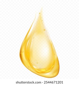 Yellow Oil texture,Drop Gold honey.Serum vitamin Droplet Gel with Air Bubbles,Isolated Yellow Clear Collagen 3d Cosmetic fluid product for skin care on transparent background,Vector illustration 