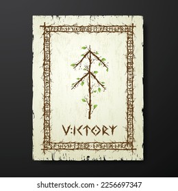 Yellow old grunge paper texture with abstract Scandinavian bind rune with wooden branches and leaves. Viking runes rectangle frame and text for meaning