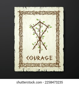 Yellow old grunge paper texture with abstract Scandinavian bind rune with wooden branches and leaves. Viking runes rectangle frame and text for meaning Courage