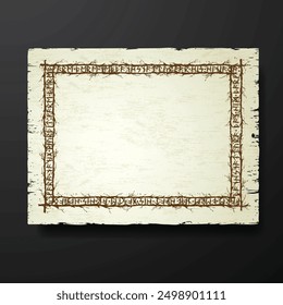 Gelbe alte Grunge-Papier-Textur mit hölzernen Zweigen und Blättern. Viking Runen Rechteck Rahmen und Text