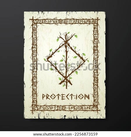 Yellow old grunge paper texture with abstract Scandinavian bind rune with wooden branches and leaves. Viking runes rectangle frame and text for meaning Protection