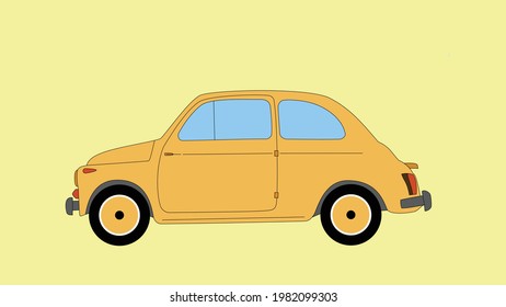 Yellow Old Mini Car, Flat Style Illustration. Classic European Retro Car, Isolated, Side View.