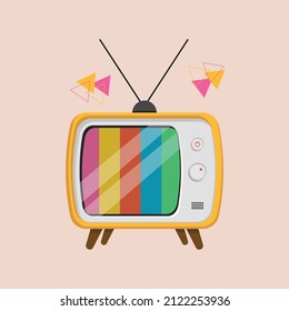 Yellow old vintage TV or television with no signal. Technology 90s style. Flat vector illustration isolated on peach background.