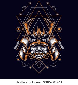 yellow oni samurai head with sacred geometry ornament For Wallpaper, Banner, T-shirt, Poster, Hoodie, Tottebag, Background, Card, Book Illustration, And Web Landing Page
