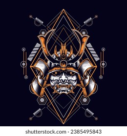 yellow oni samurai head with sacred geometry ornament For Wallpaper, Banner, T-shirt, Poster, Hoodie, Tottebag, Background, Card, Book Illustration, And Web Landing Page