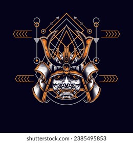 gelbe oni-Samurai-Kopf mit sakralen geometrischen Ornamenten für Tapete, Banner, T-Shirt, Poster, Hoodie, Tottebag, Hintergrund, Karte, Buchillustration und Web-Landing-Page