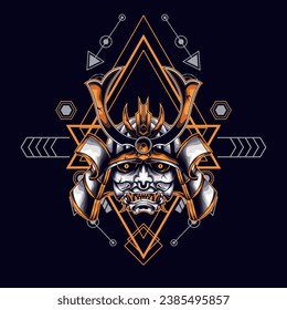 amarillo oni samurai cabeza con ornamento sagrado de geometría Para papel de escritorio, pancarta, camiseta, afiche, hoodie, totebag, fondo, tarjeta, ilustración de libro y página de aterrizaje web