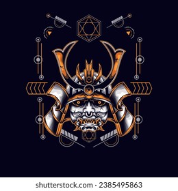 yellow oni samurai head with sacred geometry ornament For Wallpaper, Banner, T-shirt, Poster, Hoodie, Tottebag, Background, Card, Book Illustration, And Web Landing Page