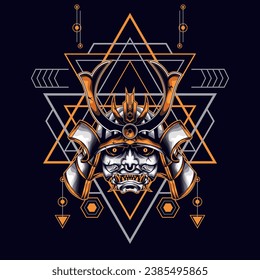 yellow oni samurai head with sacred geometry ornament For Wallpaper, Banner, T-shirt, Poster, Hoodie, Tottebag, Background, Card, Book Illustration, And Web Landing Page
