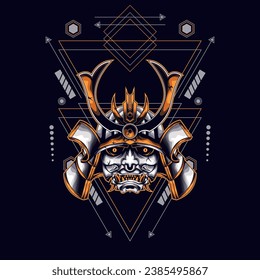 gelbe oni-Samurai-Kopf mit sakralen geometrischen Ornamenten für Tapete, Banner, T-Shirt, Poster, Hoodie, Tottebag, Hintergrund, Karte, Buchillustration und Web-Landing-Page