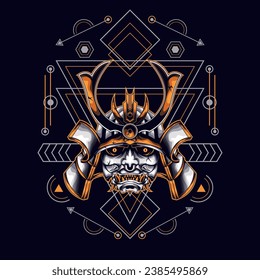 gelbe oni-Samurai-Kopf mit sakralen geometrischen Ornamenten für Tapete, Banner, T-Shirt, Poster, Hoodie, Tottebag, Hintergrund, Karte, Buchillustration und Web-Landing-Page