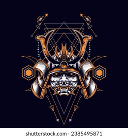 yellow oni samurai head with sacred geometry ornament For Wallpaper, Banner, T-shirt, Poster, Hoodie, Tottebag, Background, Card, Book Illustration, And Web Landing Page