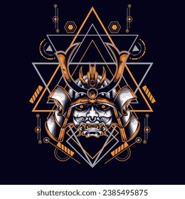 amarillo oni samurai cabeza con ornamento sagrado de geometría Para papel de escritorio, pancarta, camiseta, afiche, hoodie, totebag, fondo, tarjeta, ilustración de libro y página de aterrizaje web