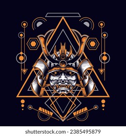 gelbe oni-Samurai-Kopf mit sakralen geometrischen Ornamenten für Tapete, Banner, T-Shirt, Poster, Hoodie, Tottebag, Hintergrund, Karte, Buchillustration und Web-Landing-Page