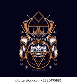 amarillo oni samurai cabeza con ornamento sagrado de geometría Para papel de escritorio, pancarta, camiseta, afiche, hoodie, totebag, fondo, tarjeta, ilustración de libro y página de aterrizaje web