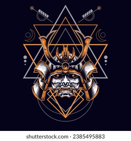 yellow oni samurai head with sacred geometry ornament For Wallpaper, Banner, T-shirt, Poster, Hoodie, Tottebag, Background, Card, Book Illustration, And Web Landing Page
