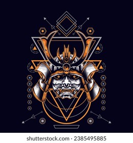 yellow oni samurai head with sacred geometry ornament For Wallpaper, Banner, T-shirt, Poster, Hoodie, Tottebag, Background, Card, Book Illustration, And Web Landing Page