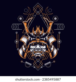 amarillo oni samurai cabeza con ornamento sagrado de geometría Para papel de escritorio, pancarta, camiseta, afiche, hoodie, totebag, fondo, tarjeta, ilustración de libro y página de aterrizaje web