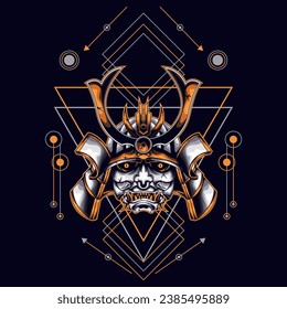yellow oni samurai head with sacred geometry ornament For Wallpaper, Banner, T-shirt, Poster, Hoodie, Tottebag, Background, Card, Book Illustration, And Web Landing Page